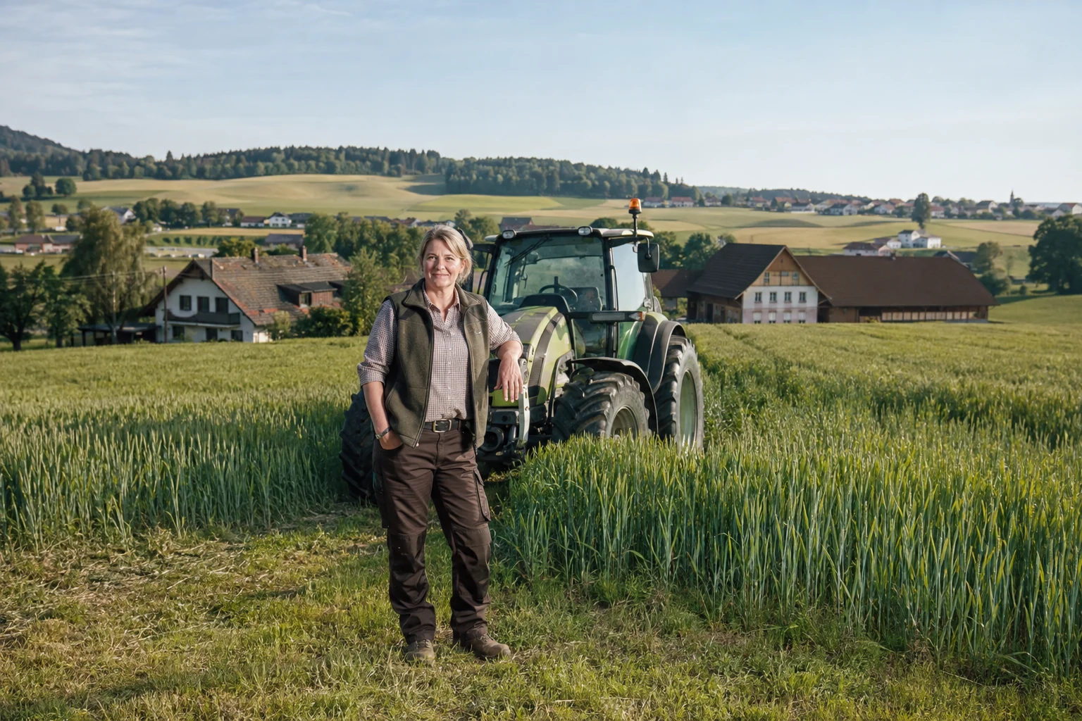 Landwirtin auf einer österreichischen Ackerfläche mit laufender Bewirtschaftung