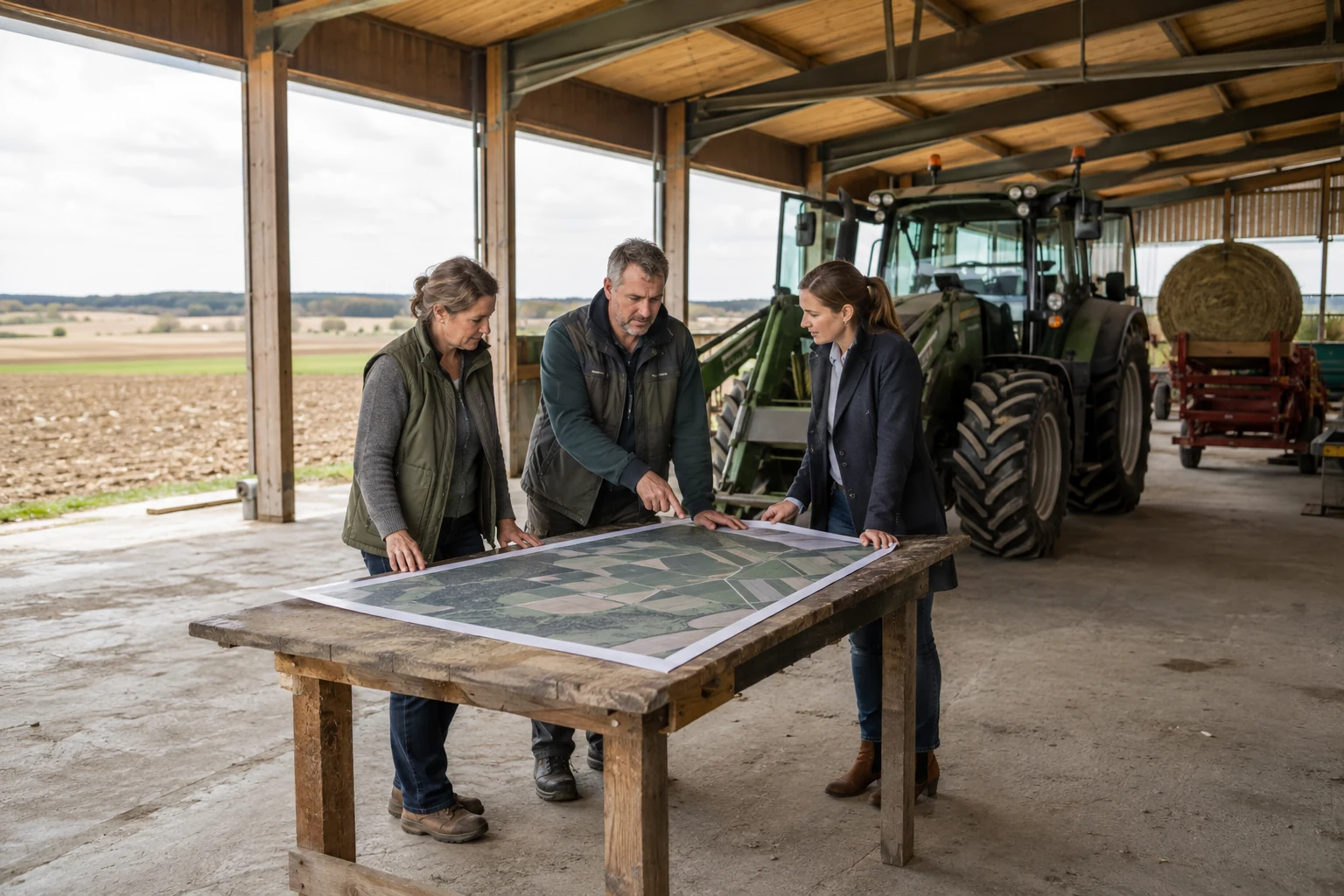 Landwirtschaftliche Eigentümer besprechen den Verkauf und die Rückpacht ihrer Flächen